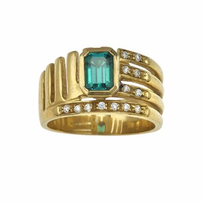 Anello a Fascia con Gemma Verde e Piccoli Diamanti