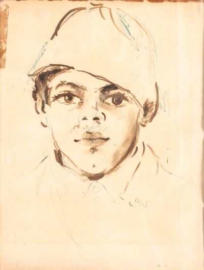 Ragazzo con berretto - Studio di figura seduta, acquarello e matita su carta