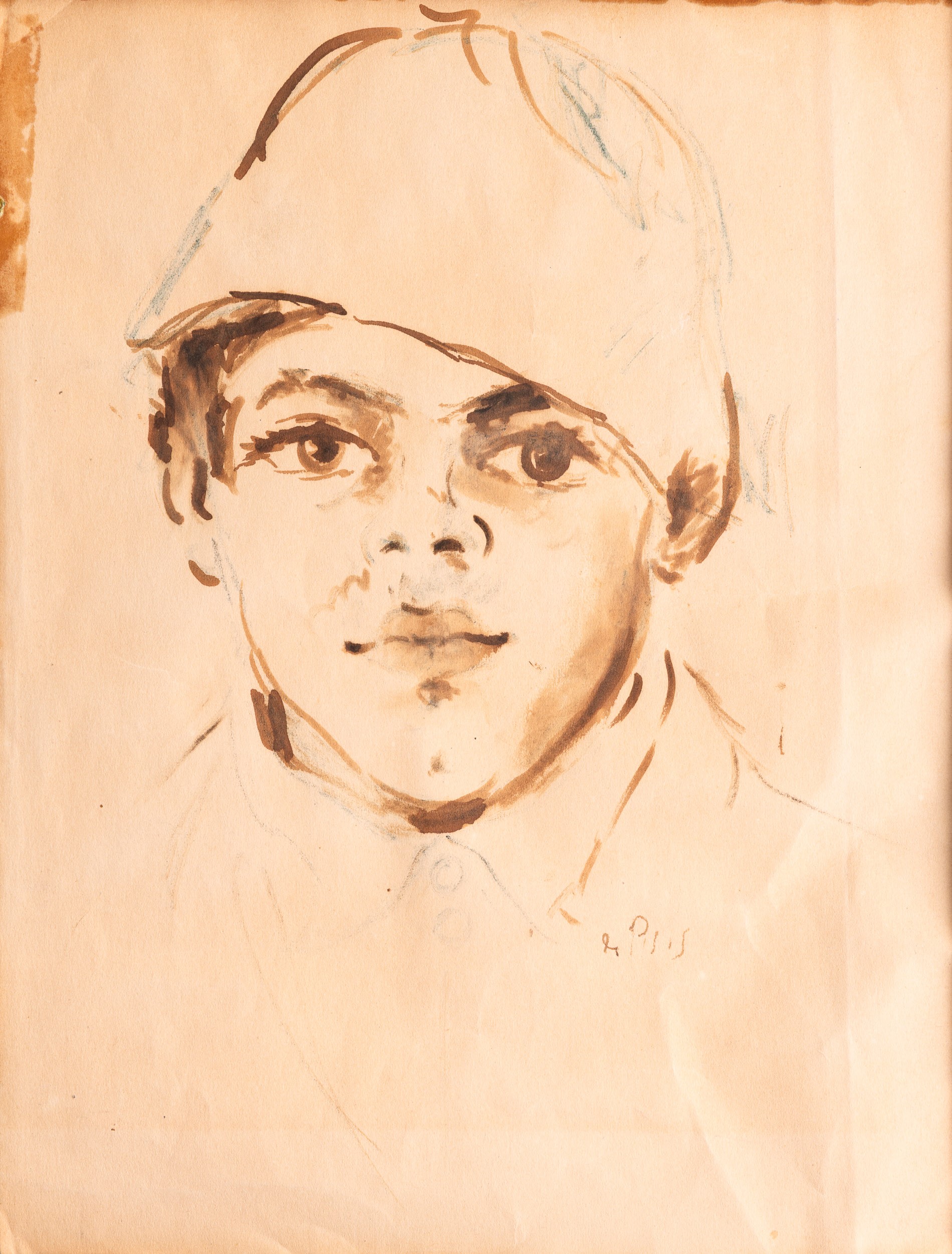 Filippo De Pisis - Ragazzo con berretto - Studio di figura seduta, acquarello e matita su carta