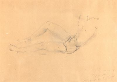 Nudo disteso acefalo - Paesaggio con figure in campagna, matita su carta