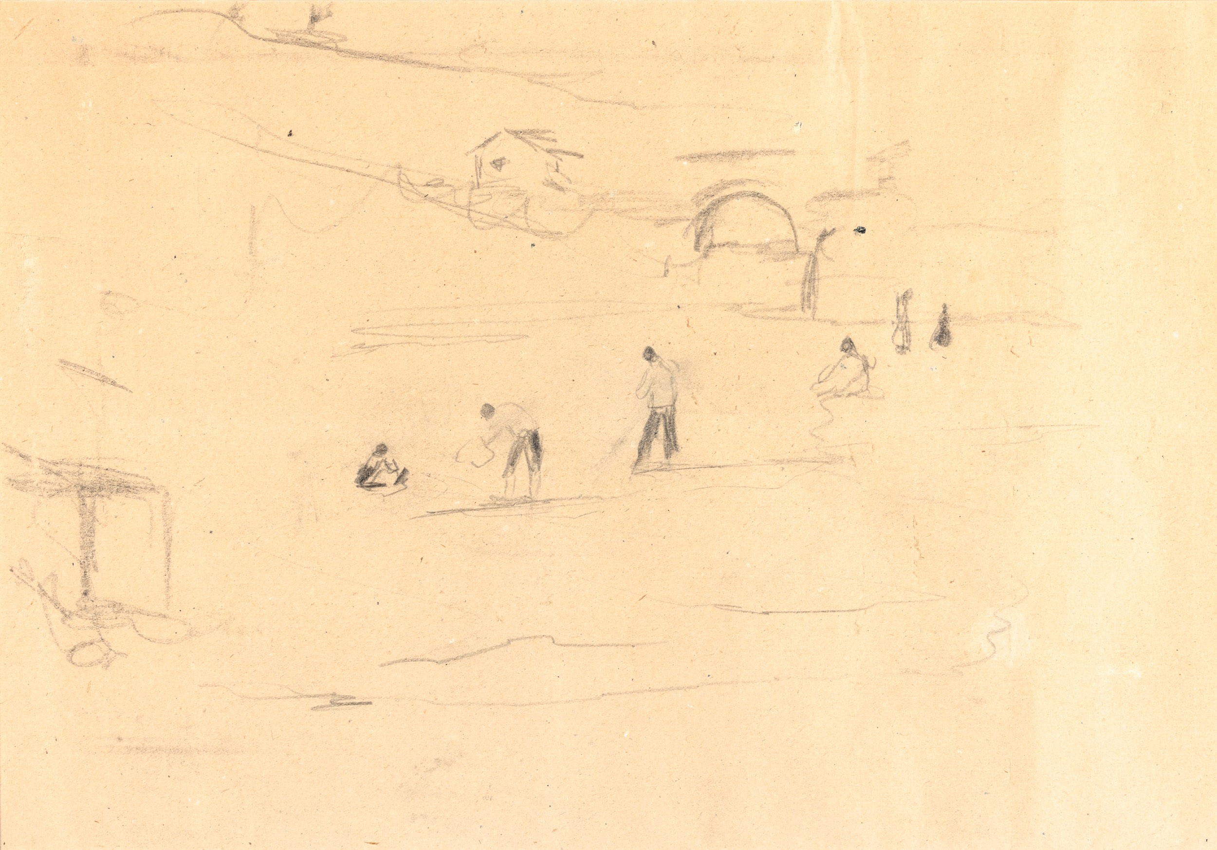 Filippo De Pisis - Nudo disteso acefalo - Paesaggio con figure in campagna, matita su carta