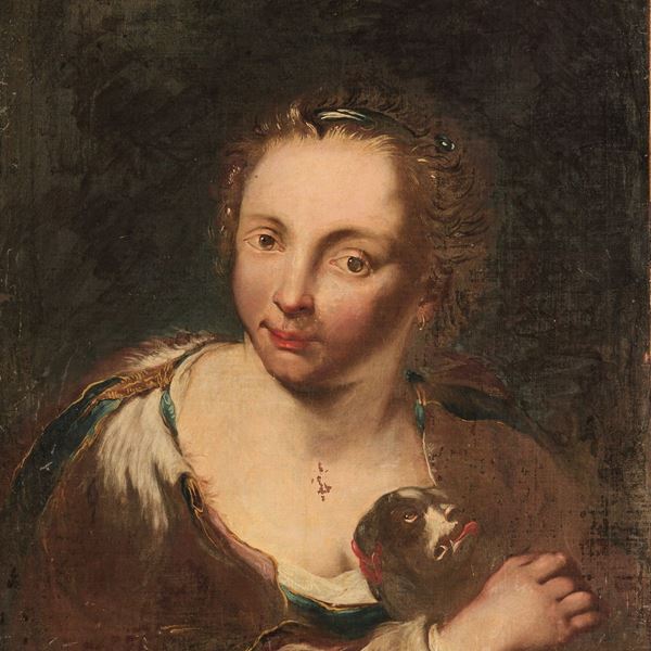 Scuola veneta del XVIII secolo Ritratto di fanciulla con cagnolino