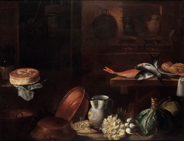 Giuseppe Recco - Interno di cucina con una torta rustica, pentole di rame, pesci, verdura e una brocca in maiolica