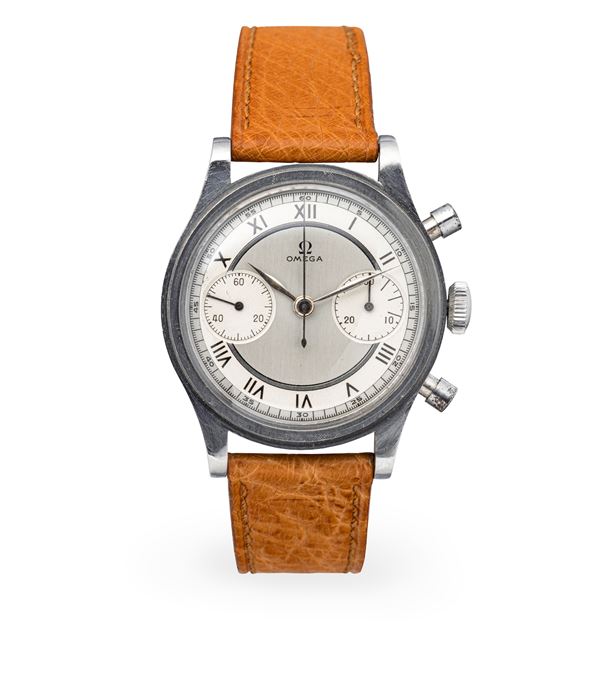 Extremely rare two-counter chronograph with pump pushers, grey Lemrich dial with Roman numerals, 33.3  [..]