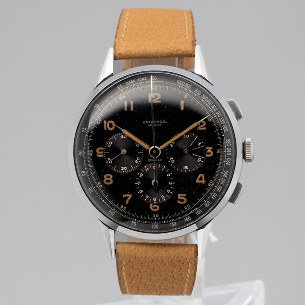 Universal Gen&#232;ve - Rare and fascinating Compax stainless steel chronograph, black lacquered dial with Arabic numerals on the radio, 40s