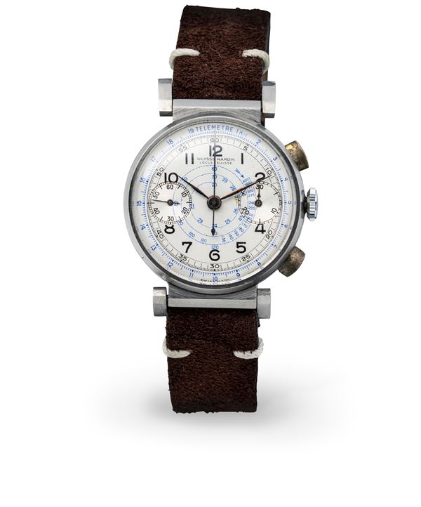 Stainless steel chronograph wristwatch, hand-wound, with tachymeter scale and two subdials, olive keys  [..]