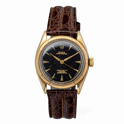 Elegante Oyster Perpetual Ref 6085 in Oro Giallo 18k, Quadrante Nero Guillochè con Indici Triango...