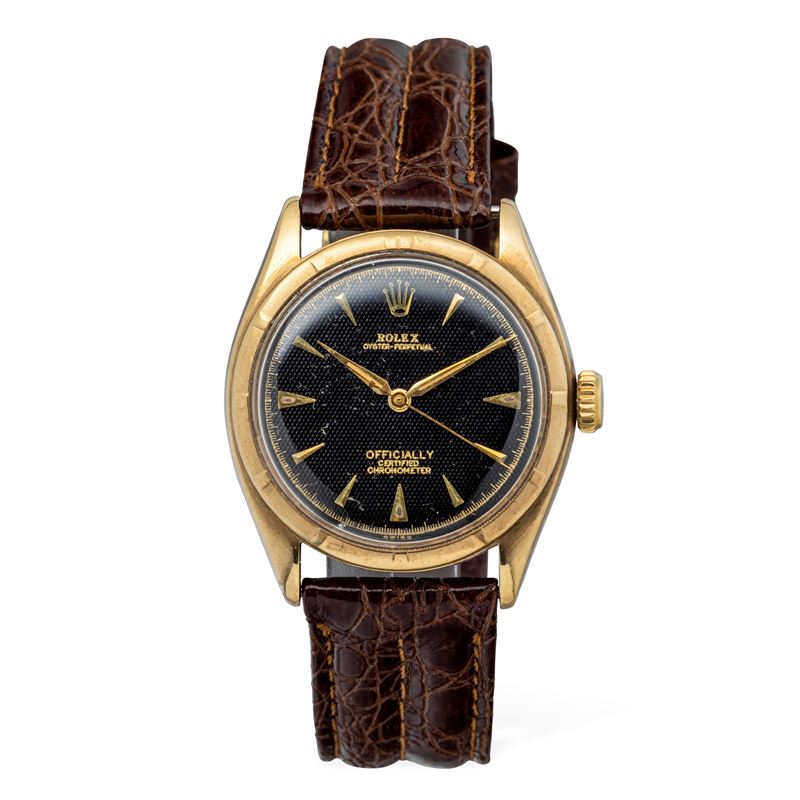 Rolex : Elegant Oyster Perpetual ref 6085 in 18k yellow gold, Guilloche black dial with triangular and stick hour markers, automatic movement screw case back  - Auction Wrist Watches - Cambi Casa d'Aste
