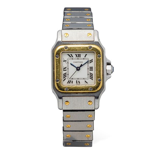Cartier - Iconic Santos Lady stainless steel and gold automatic movement, white dial with Roman numerals and Chemin de Fer minuteria, burnished hands and Cabochon on the crown complete with box and warranty