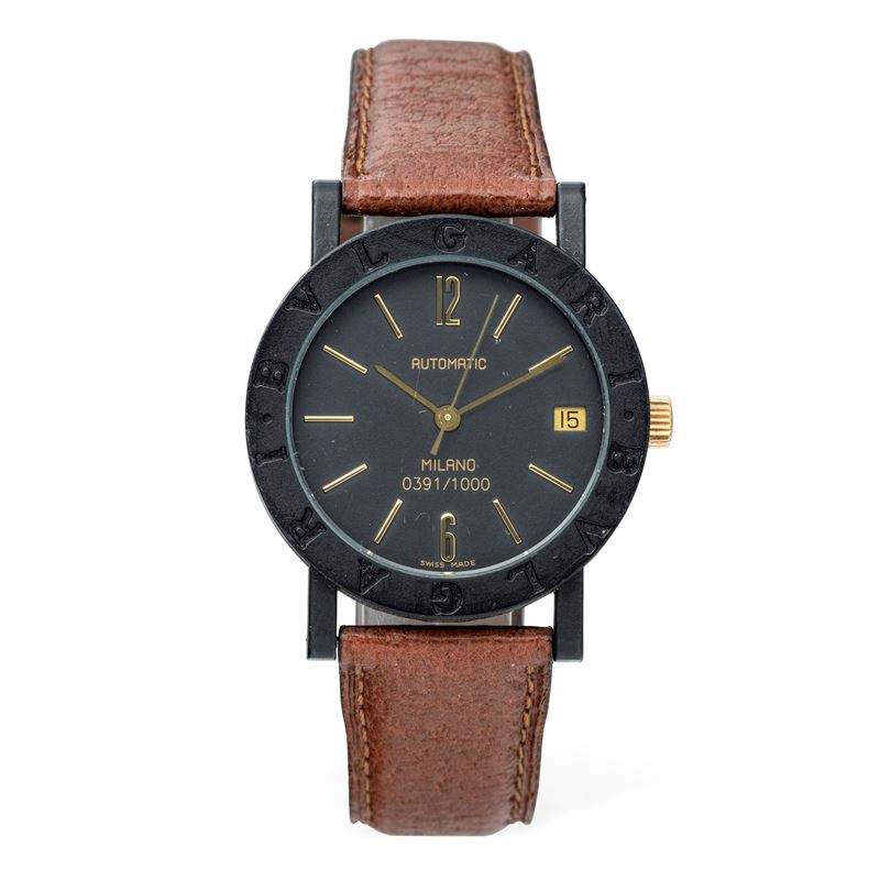 Bulgari : Emblematic Carbon Gold limited edition "Milano" with automatic movement, matte black dial with golden hour markers, visible case back  - Auction Wrist Watches - Cambi Casa d'Aste