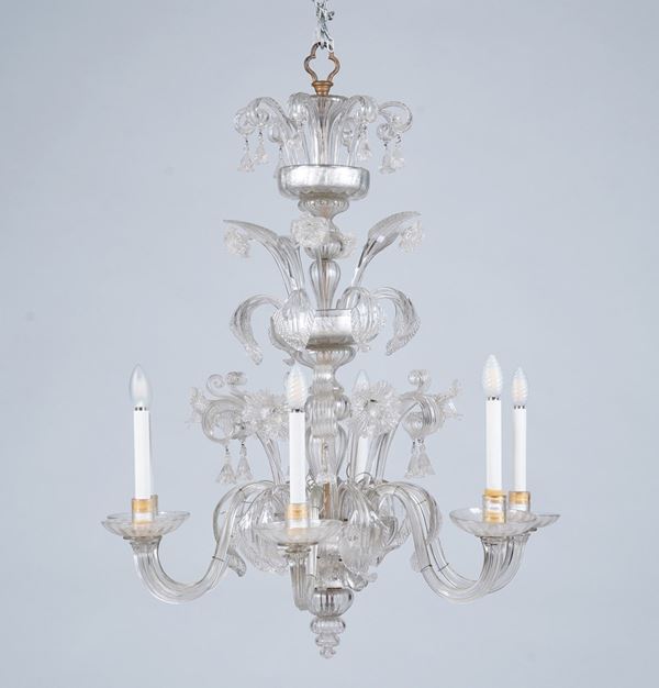 Lampadario in vetro di Murano a sei luci. XX secolo