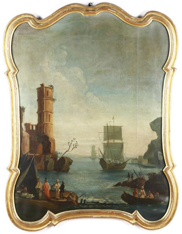Scuola del XVIII secolo Vedute costiere con figure e imbarcazioni