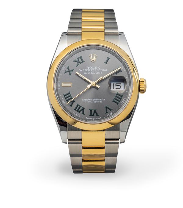 Rolex - Datejust Wimbledon, ref 126203, in steel and 18k yellow gold with slate dial and green Roman numerals, two-tone Oyster bracelet