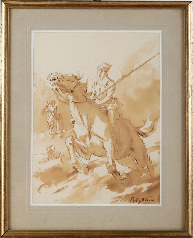 Achille Beltrame : Cavalieri  - matita e acquerello su carta - Asta Dipinti del XIX e XX secolo - Cambi Casa d'Aste