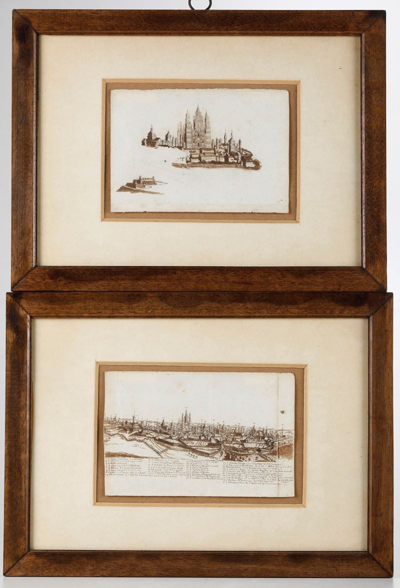 Scuola del XVIII secolo Vedute di città  - penna, inchiostro bruno e acquerello su carta - Auction Old Masters - Cambi Casa d'Aste