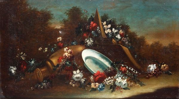 Giuseppe Lavagna - Natura morta con fiori, vasellame e architetture sullo sfondo