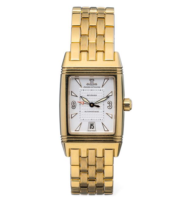 Jaeger-LeCoultre - Prestigious 18k yellow gold Grand Sport Reverso with bracelet, automatic movement with date on six, white dial with Tapisserie finish at the center