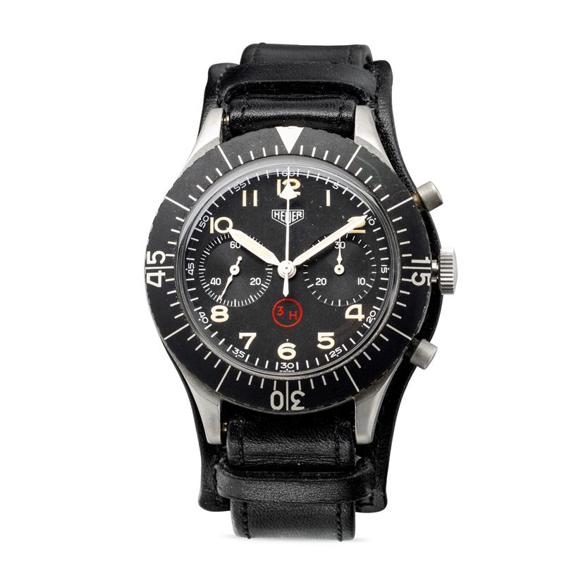 HEUER : Rare and impressive military chronograph Bundeswehr 3H with monobloc steel case, black dial with luminous hour markers and spheres, case back assigned for the German air forces  - Auction Wrist Watches - Cambi Casa d'Aste