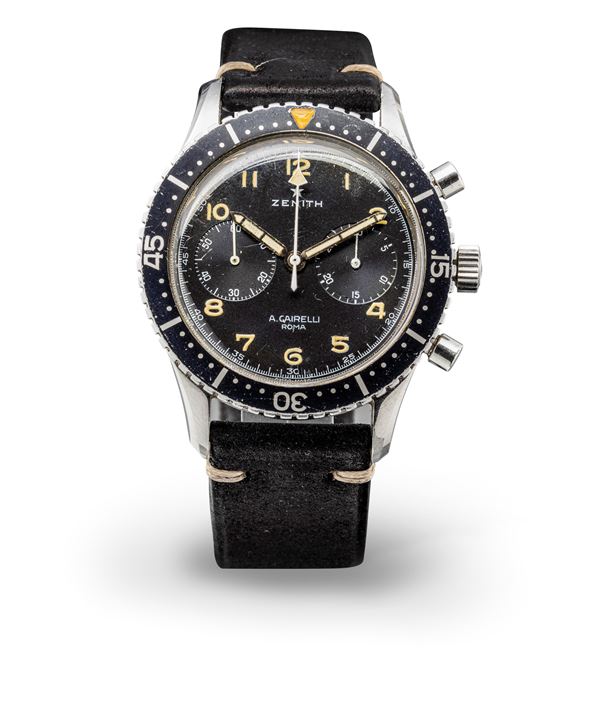 Rare and desirable stainless steel wrist chronograph with polished black dial, AMI assigned case back,  [..]