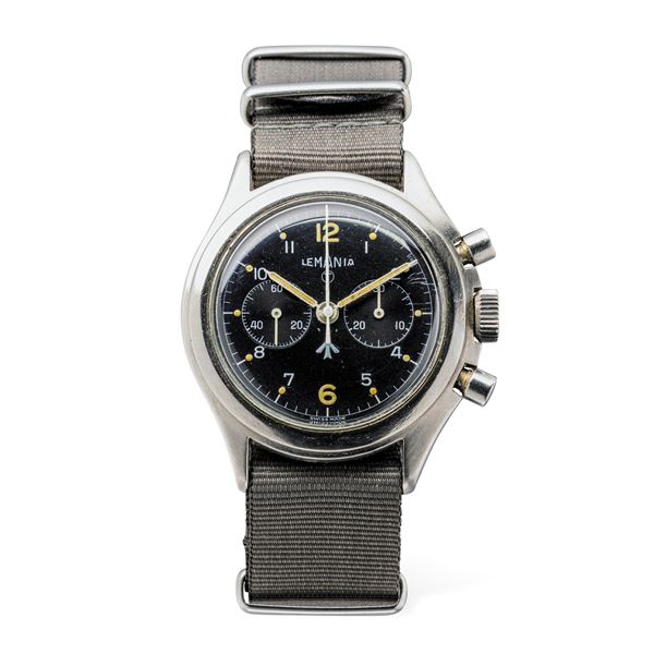 LEMANIA - Rare chrono ref 818 with asymmetric steel case, black dial two subdials with luminous numbers and balls, pump keys assigned to the British Royal Air Force