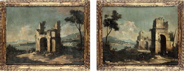 Scuola del XVIII secolo Capricci con rovine architettoniche e figure