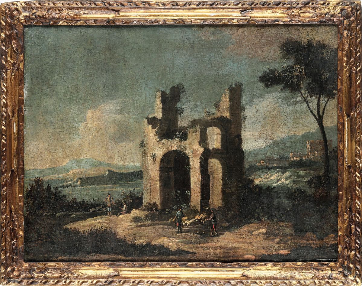 Scuola del XVIII Secolo Capricci con Rovine Architettoniche e Figure