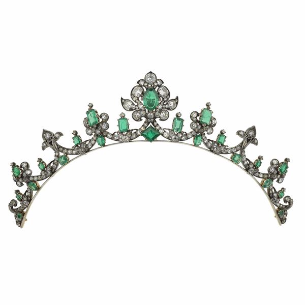Colombia emerald, old-cut diamond, low karat gold and silver tiara