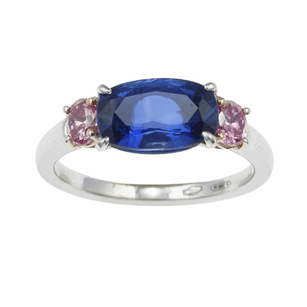 Kashmir sapphire and fancy intense purplish pink diamond ring
