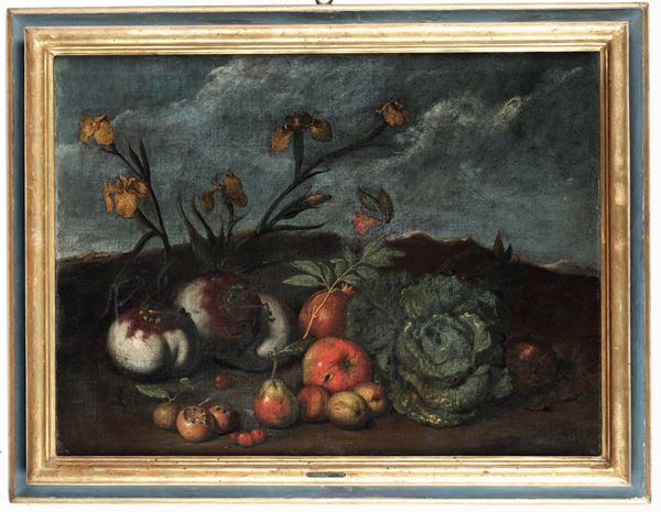 Scuola fiamminga del XVIII secolo Natura morta con frutti, ortaggi e fiori