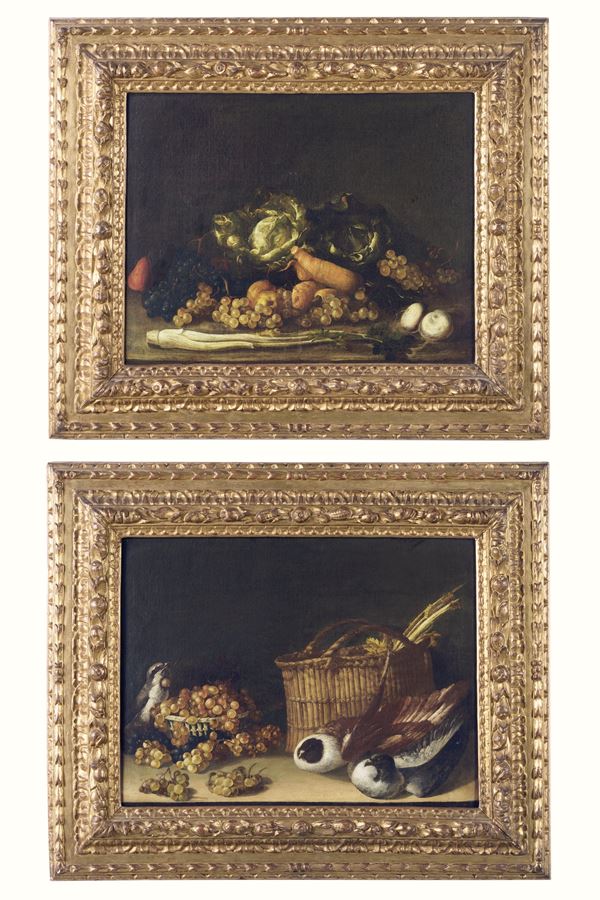 Scuola emiliana del XVIII secolo Nature morte con verdure, frutti e uccellini