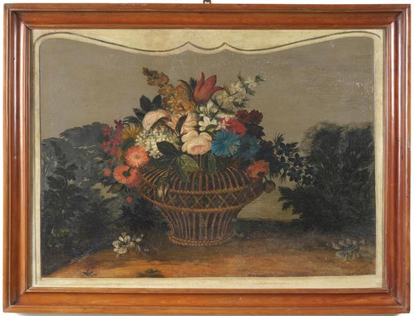 Scuola del XIX secolo Natura morta con cesto di fiori