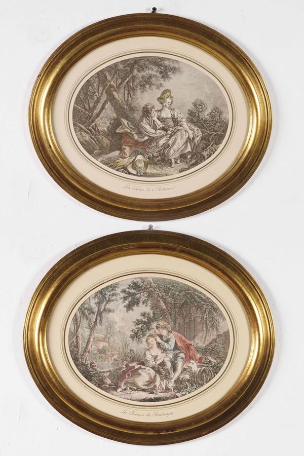 Coppia di stampe raffiguranti scene galanti. Francia XIX-XX secolo