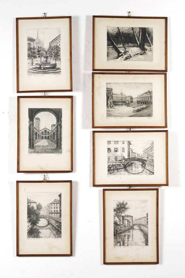Serie di sette stampe con vedute di Milano. XX secolo