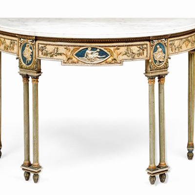 Consolle Demie Lune in Legno Intagliato, Laccato e Dorato. Ebanisteria Neoclassica Italiana del X...