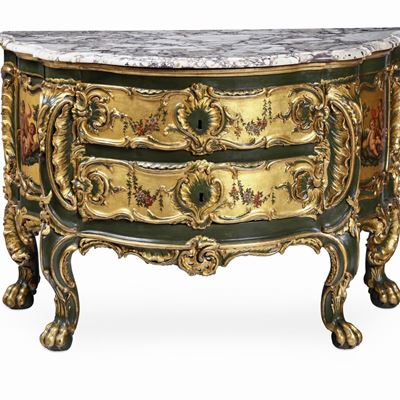 Cassettone in Legno Intagliato, Laccato, Dipinto e Dorato, Germania, nei Modi della Bottega degli...