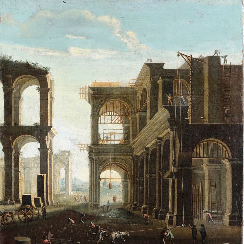 Scuola del XVIII secolo Costruzione di un palazzo  - olio su tela - Auction Old Masters - Cambi Casa d'Aste