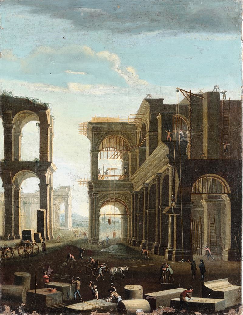 Scuola del XVIII secolo Costruzione di un palazzo  - olio su tela - Asta Old Masters - Cambi Casa d'Aste