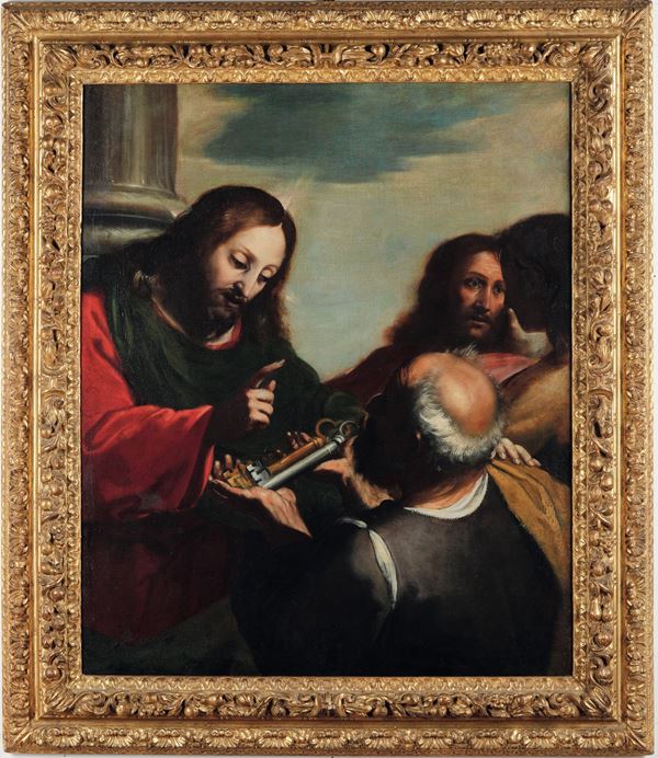 Scuola genovese del XVII secolo Gesù consegna le chiavi a San Pietro