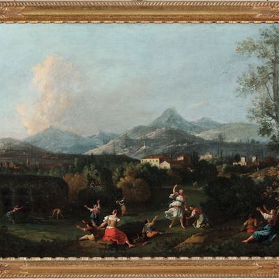 Scuola Veneta del XVIII Secolo Paesaggio con Contadini e Montagne sullo Sfondo