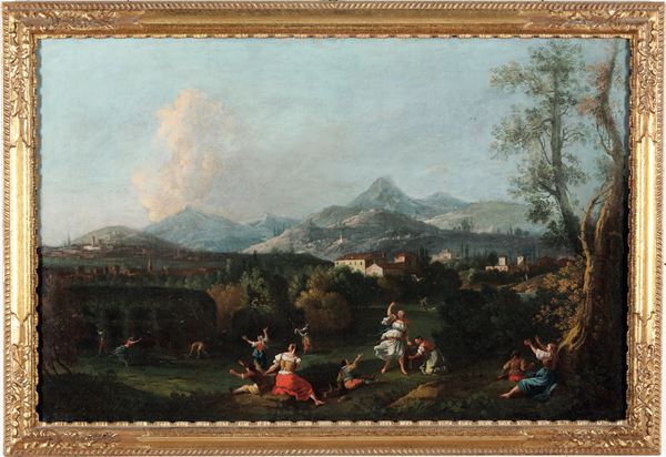 Scuola veneta del XVIII secolo Paesaggio con contadini e montagne sullo sfondo