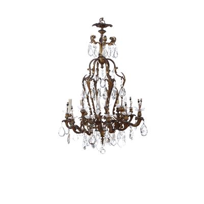 Lampadario in Bronzo Dorato e Cristalli. XIX Secolo
