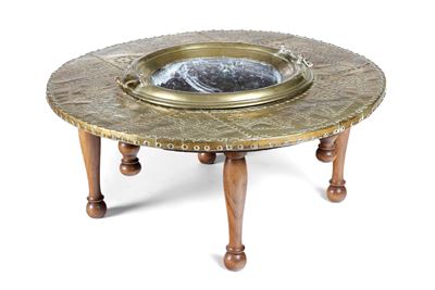 Tavolo Basso con Piano in Ottone e Gambe in Legno