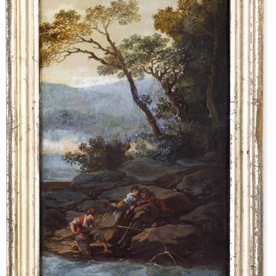 Scuola Toscana del XVIII Secolo Paesaggi con Figure in Riva al Fiume