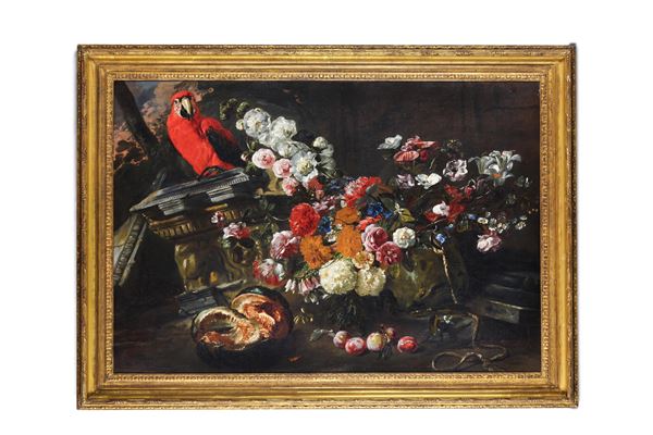 Pieter Boel - Natura morta con fiori e pappagallo