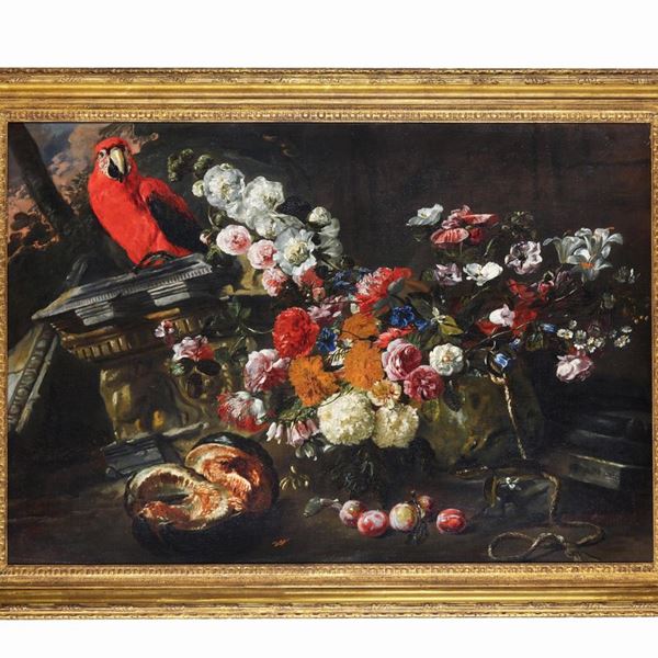 Pieter Boel - Natura morta con fiori e pappagallo