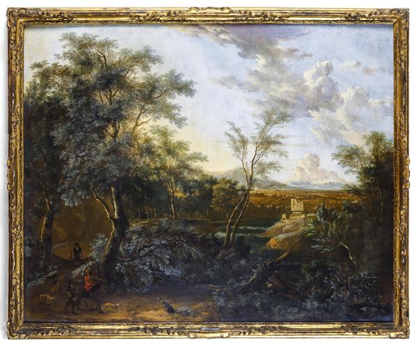 Isaac de Moucheron - Paesaggio con cacciatori e rovine