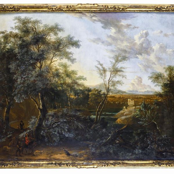 Isaac de Moucheron - Paesaggio con cacciatori e rovine