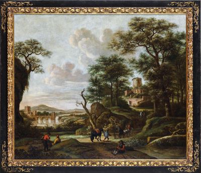 Paesaggio con contadini e architetture sullo sfondo, olio su tela