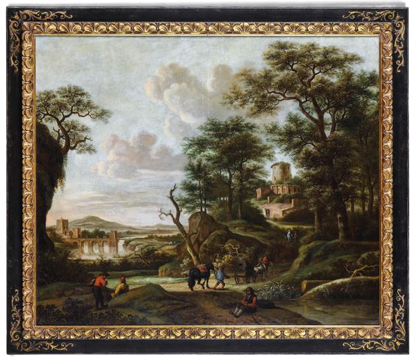 Dionijs Verburgh - Paesaggio con contadini e architetture sullo sfondo