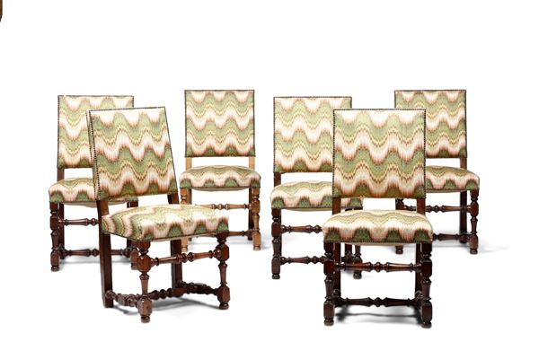 Sei sedie a rocchetto in noce, XVIII-XIX secolo